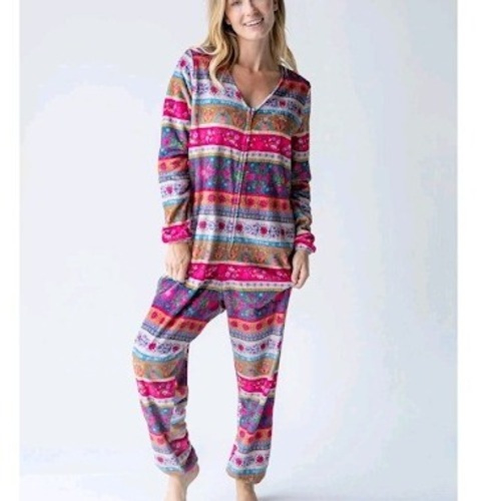 Natural Life Women's Fleece One Piece Pajamas Jumpsuit Boho Floral Print Size L